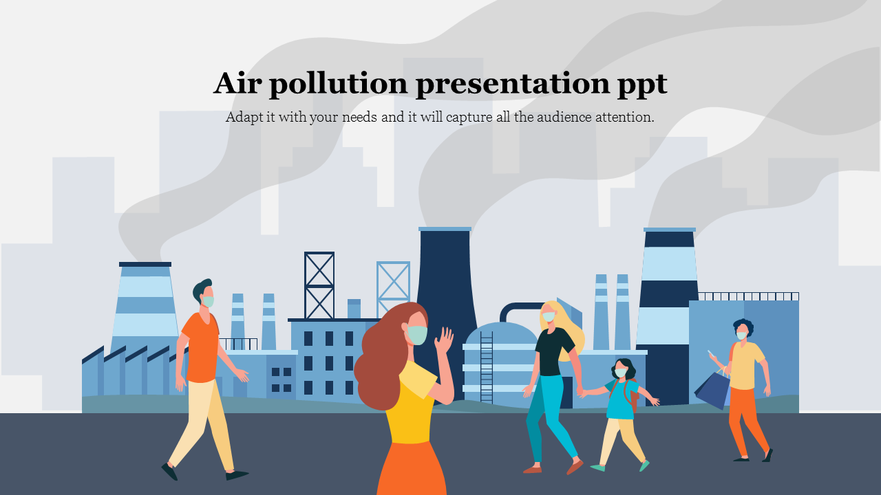 Illustrated slide on air pollution with masked individuals walking near smokestacks and industrial buildings.