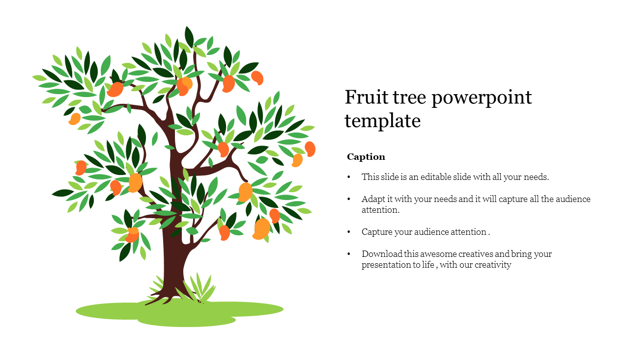 Illustration of a fruit tree with vibrant leaves and fruits, alonside a caption area on a white background.