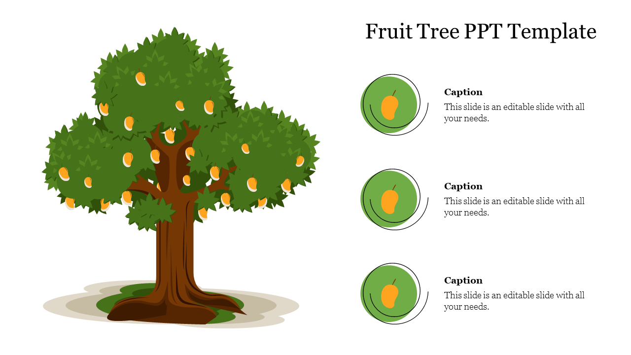 Illustration of a fruit tree with yellow fruits and three circular icons on the right side for additional information with captions.