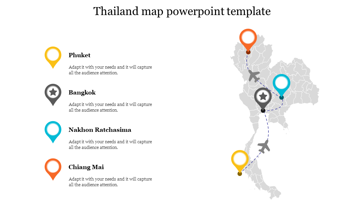 A gray Thailand map with four location markers in yellow, blue, black, and orange, with labels aligned on the left.