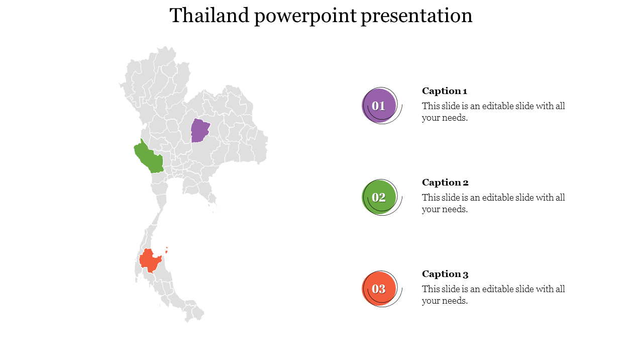 Map of Thailand with highlighted regions in green, purple, and orange; numbered captions on the right side.