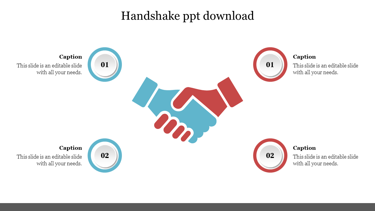 A slide showing a red and blue handshake symbol, with numbered circular caption areas for additional content.