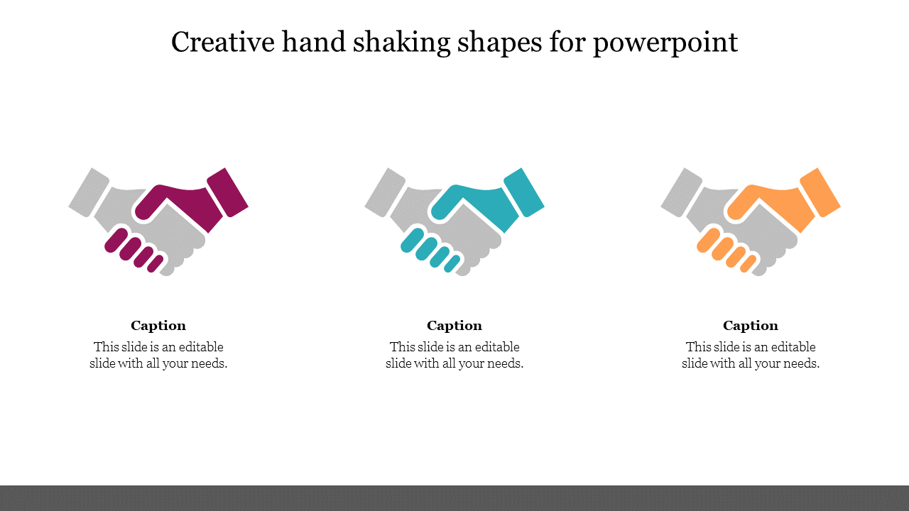 A slide showing three colorful and creative handshake icons, each with caption text below.