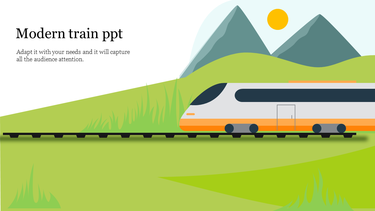 A slide showing a sleek, modern train on a track with a green landscape, mountain, sun backdrop, and text area.