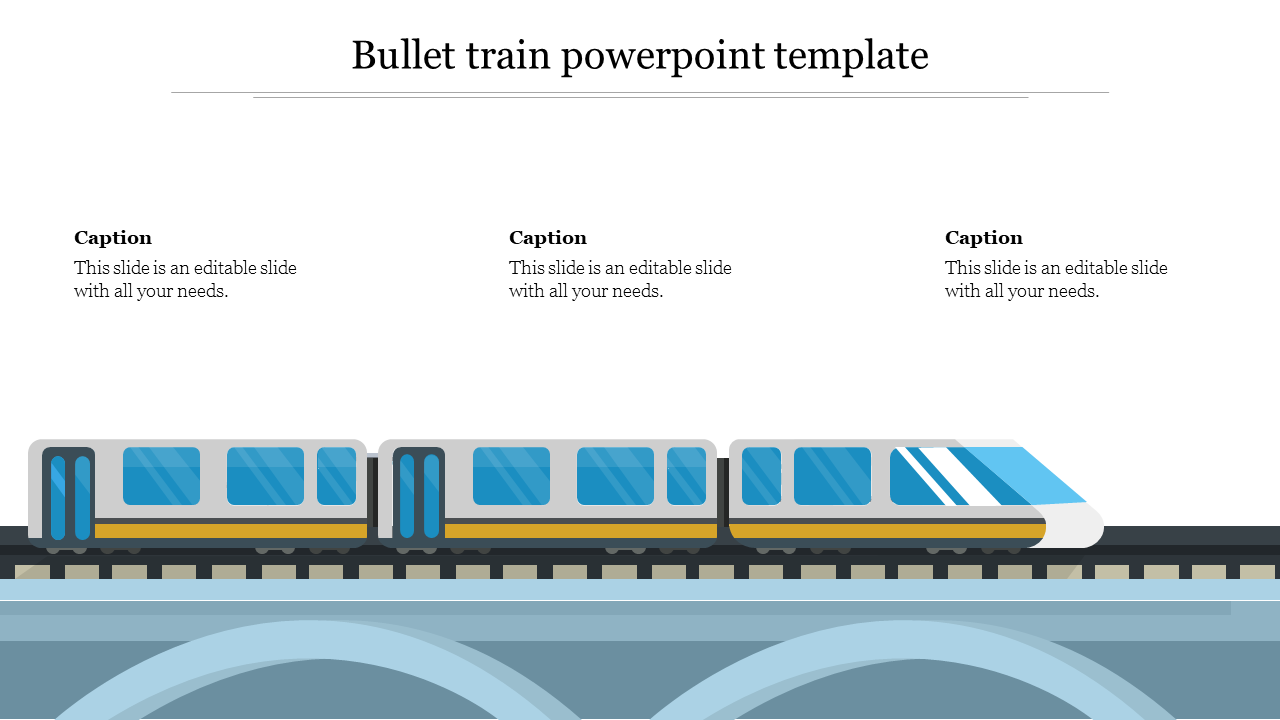 Illustration of a sleek blue bullet train traveling across a bridge, with three captions above.