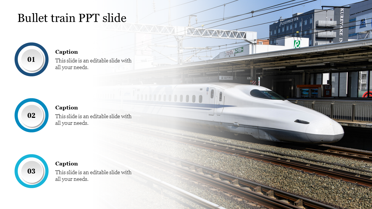 Bullet train slide featuring a sleek train image with space for three captions with placeholder text.