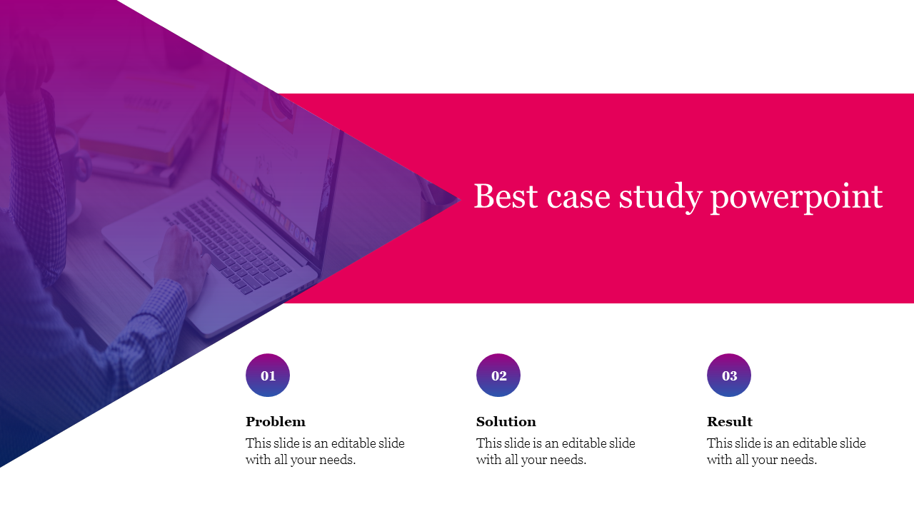 Case study slide featuring a purple triangle overlay with laptop image, red title area and three numbered captions below.