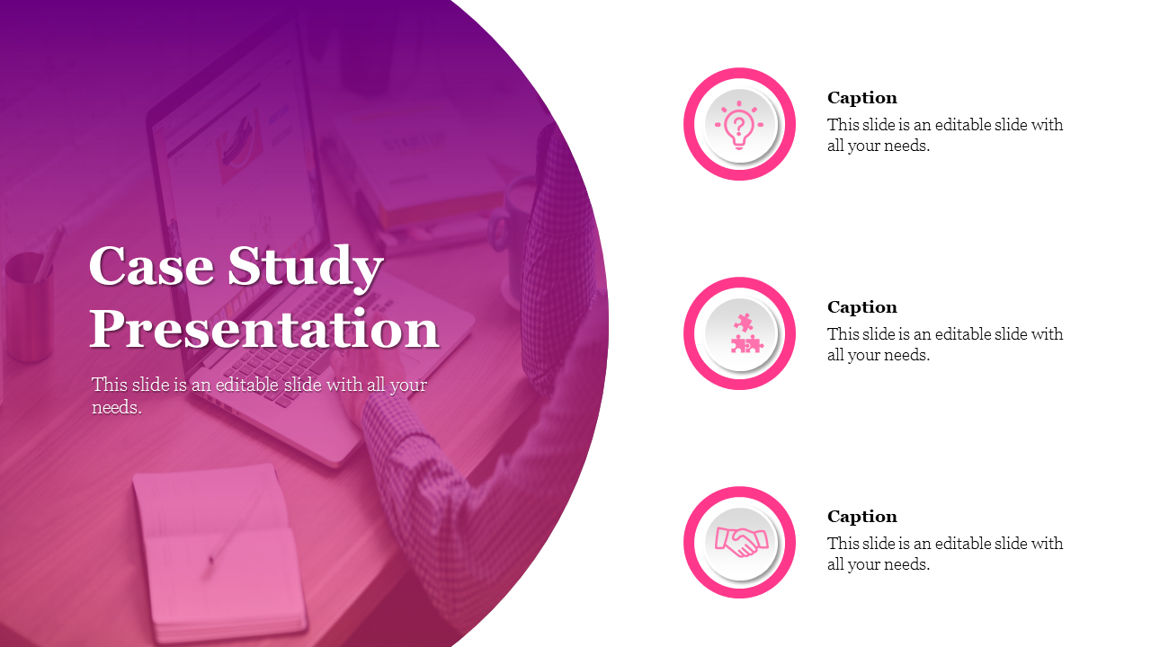 Case study slide with a pink gradient overlay, featuring laptop image, and three circular icons with captions on the right.