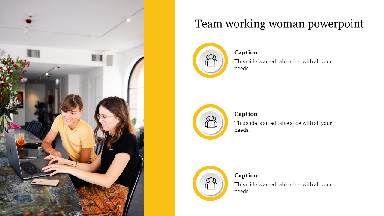 Two women collaborate on a team project, using laptops and discussing ideas in a bright office with icons.