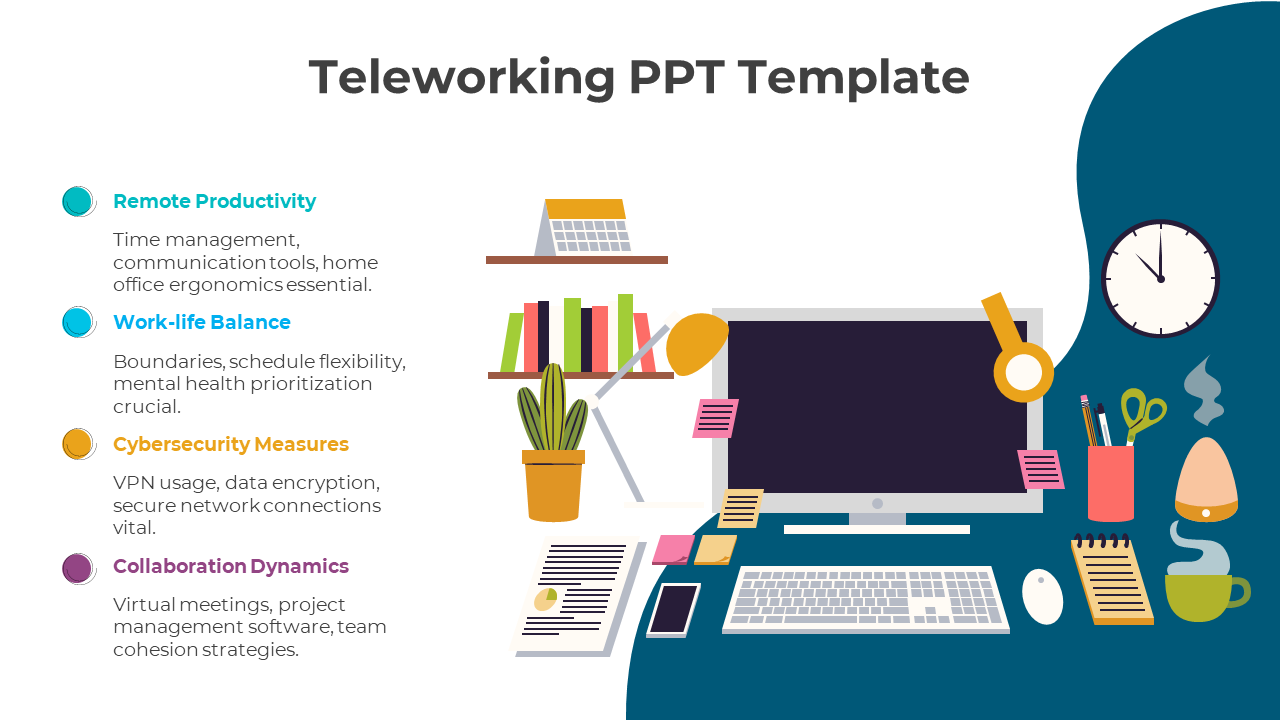 Illustration of an office desk setup and four teleworking tips with colored icons, on a white and wavy blue backdrop.