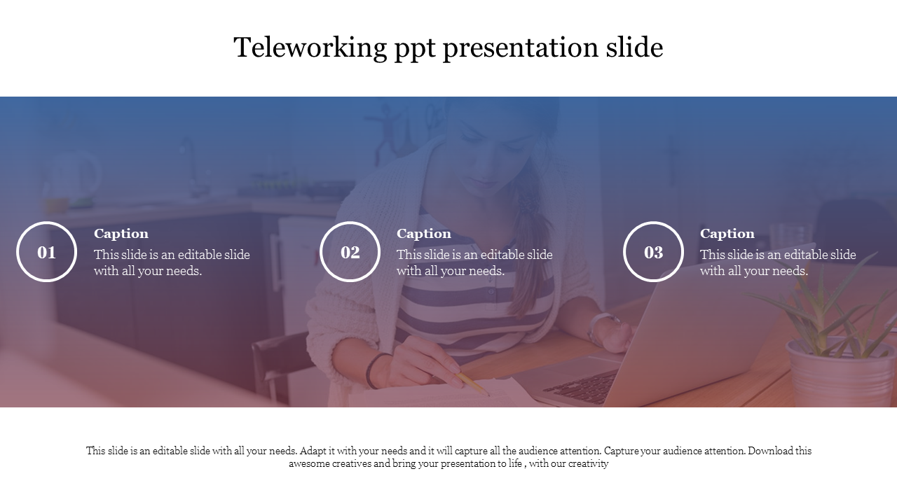 Teleworking PowerPoint slide with a person working remotely at a desk with three captions.