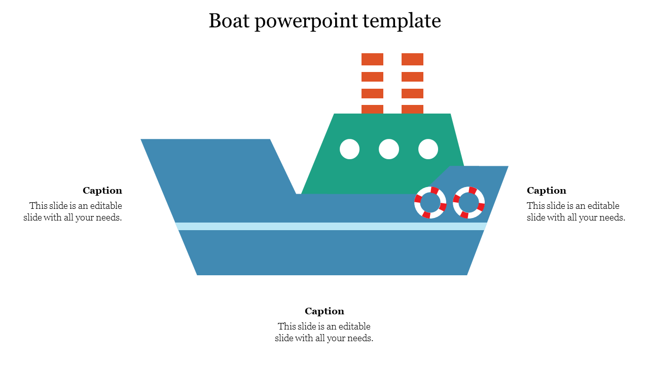 Flat illustration of a large boat with two lifebuoys on the side and three orange smokestacks.