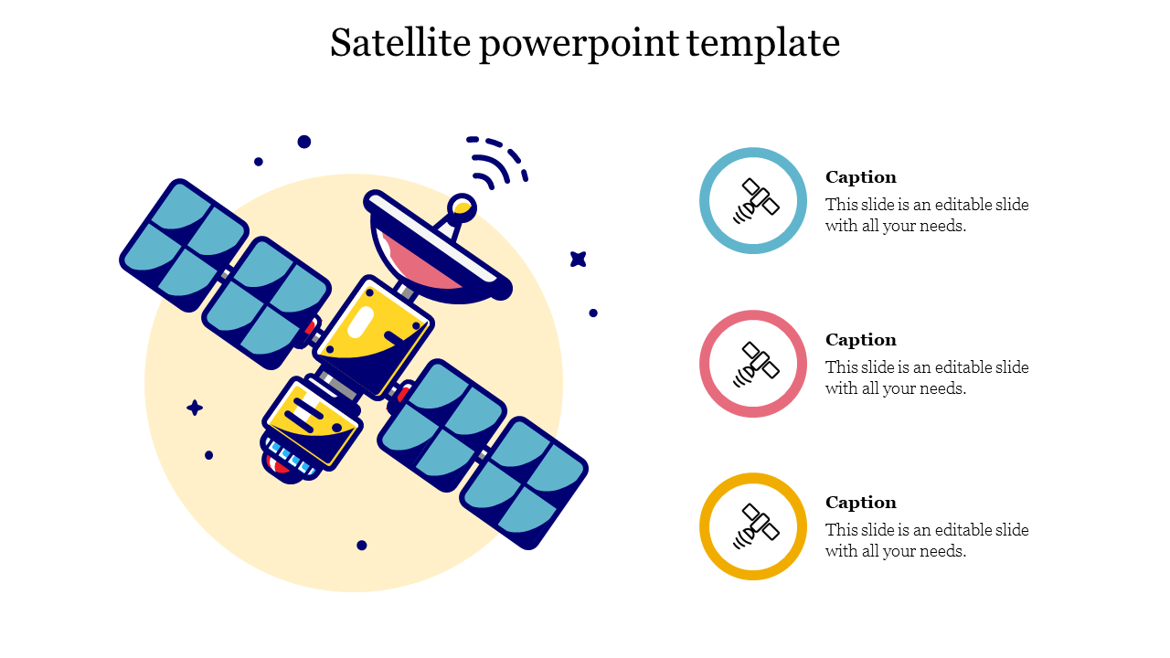 Colorful satellite themed graphic slide featuring three caption areas.