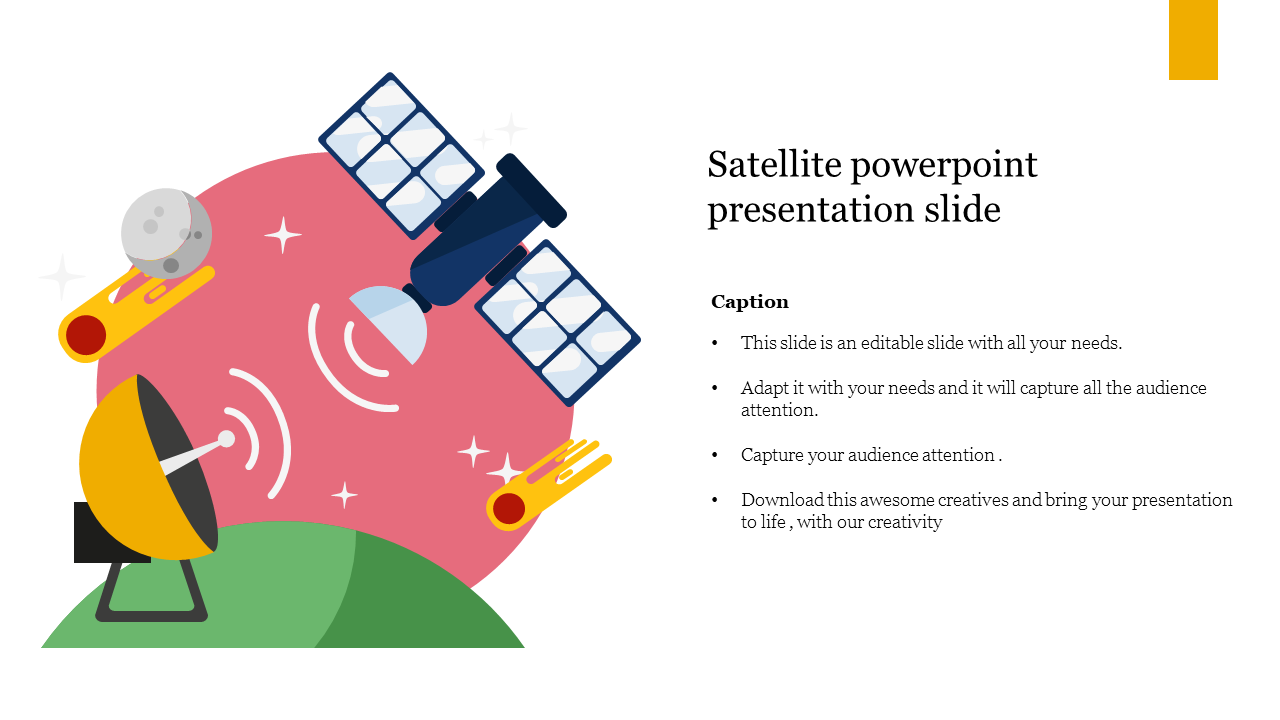 Illustration of a satellite in space communicating with a ground satellite dish, with comets, a moon  and a placeholder area.