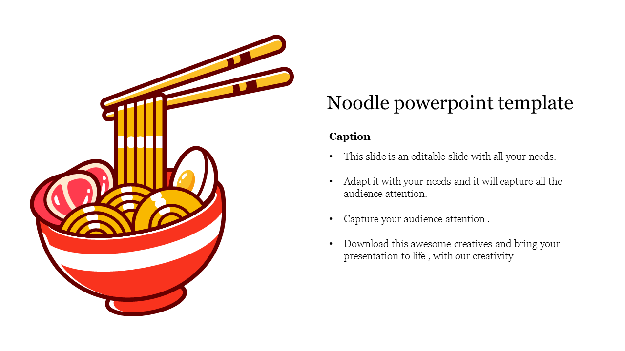 Illustration of a red noodle bowl with chopsticks on the left, and captions in bullet point on the right.