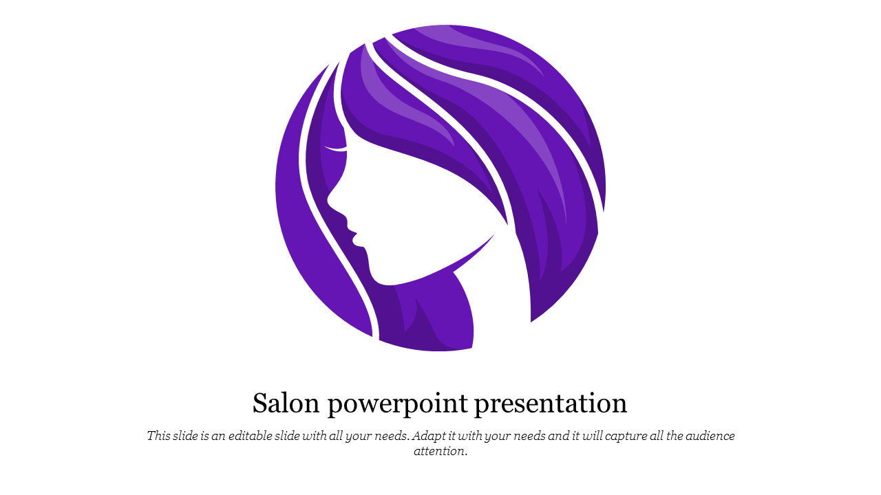 Salon-themed slide with a purple profile silhouette of a woman and flowing hair, set in a circular design.