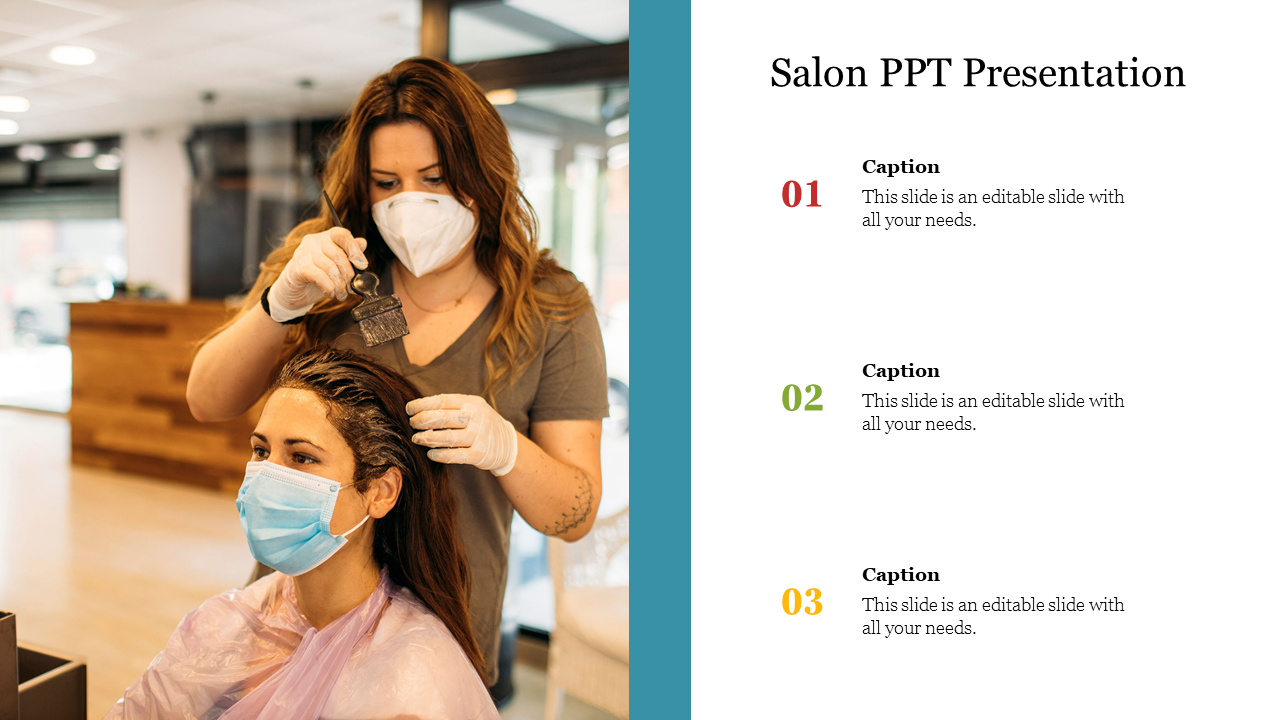 Split slide with a hairstylist applying dye to a client and three numbered list with captions on the white right area.