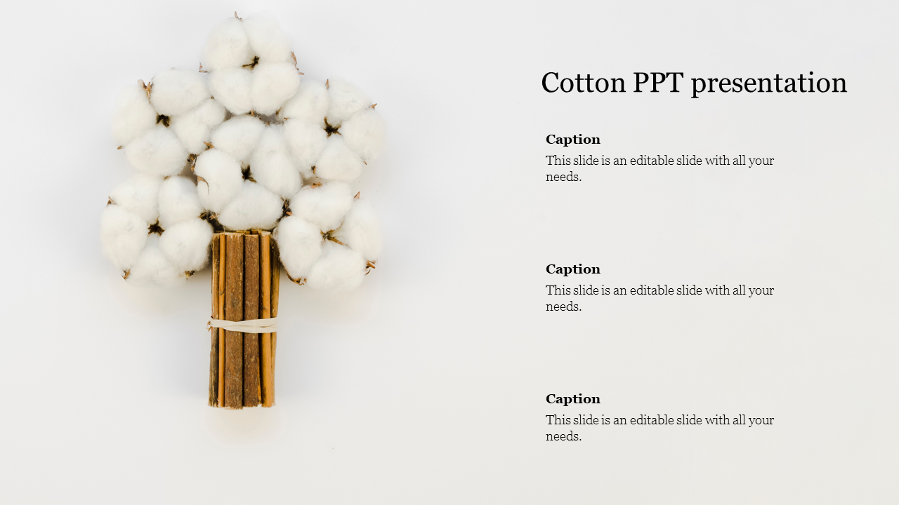 A bundle of cotton balls resembling a tree, tied with twine and placed on a white background with three captions.