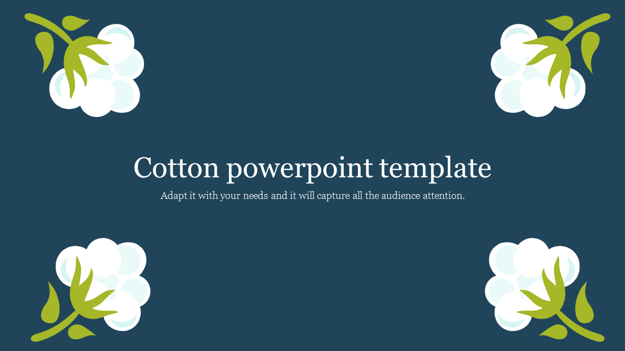 Cotton themed slide with stylized cotton plants in the corners and centered text on a dark blue background.