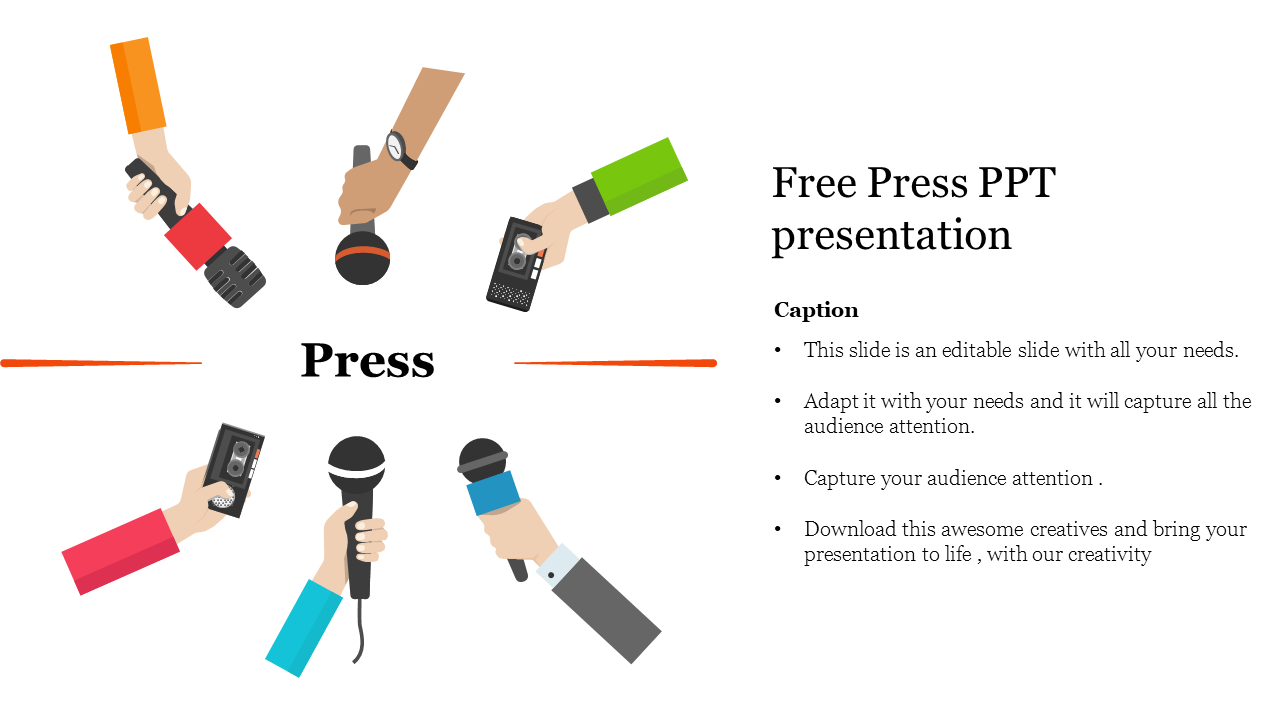 Slide with hands holding various microphones and recording devices surrounding the title with text area on the right.