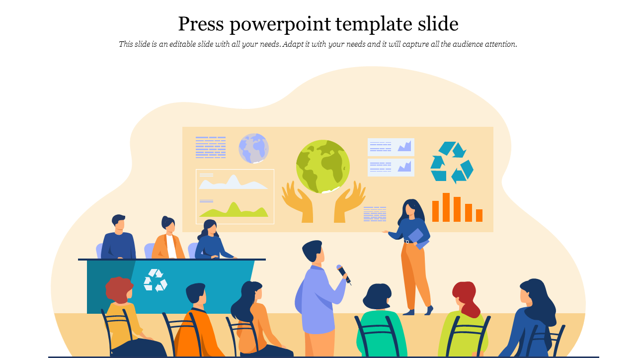 Press briefing slide showing a speaker addressing an audience with charts, graphs, and eco friendly icons on a board.