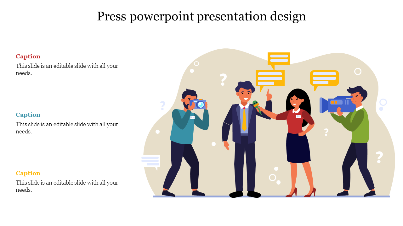 Press PowerPoint design with three professionals holding cameras and microphones with speech bubbles.