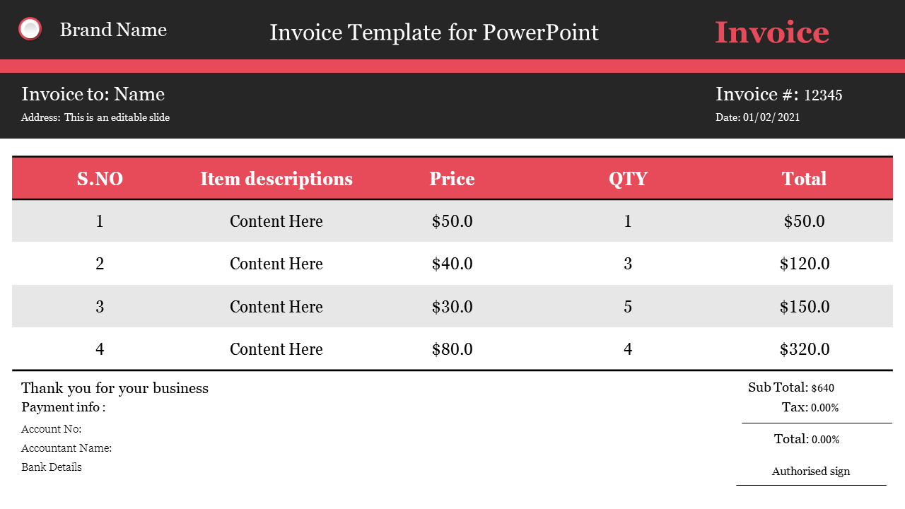 A slide showing an invoice template with sections for item descriptions including payment details at the bottom.