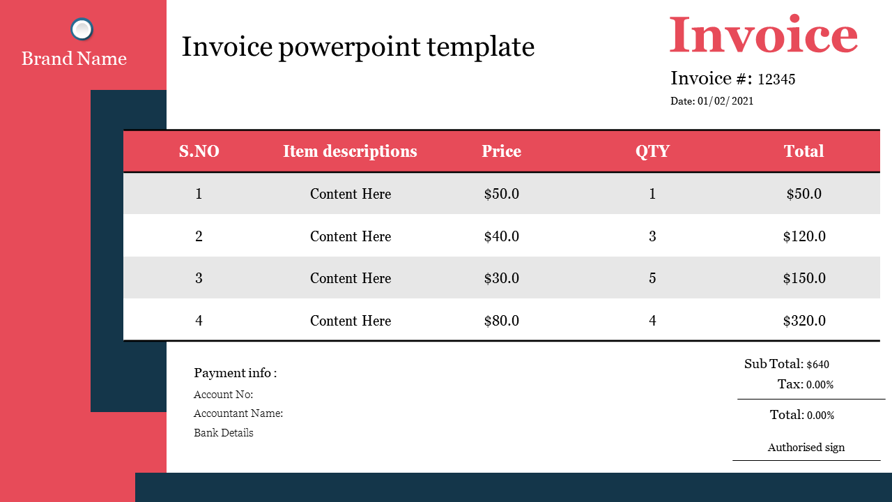 Invoice template with sections from invoice number and authorized signature in a red and white layout.