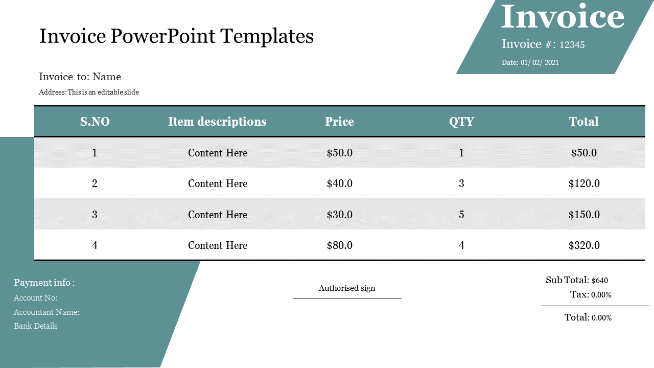 Invoice template showing a table of item descriptions, prices, and quantities, with sections for payment information.