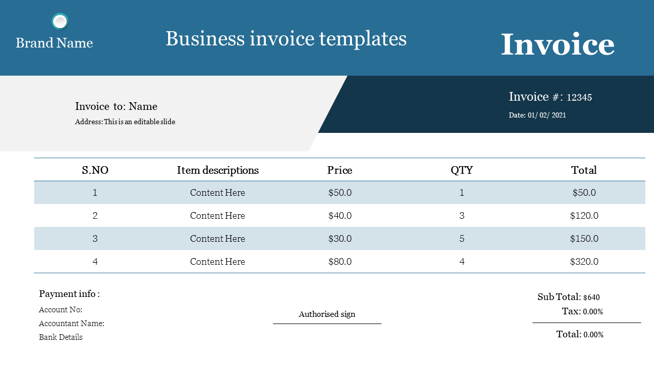 Professional invoice PPT template with sections for item descriptions, price, and payment details.