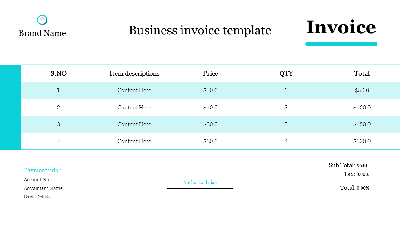 A clean and professional business invoice template with a white and light blue color scheme.