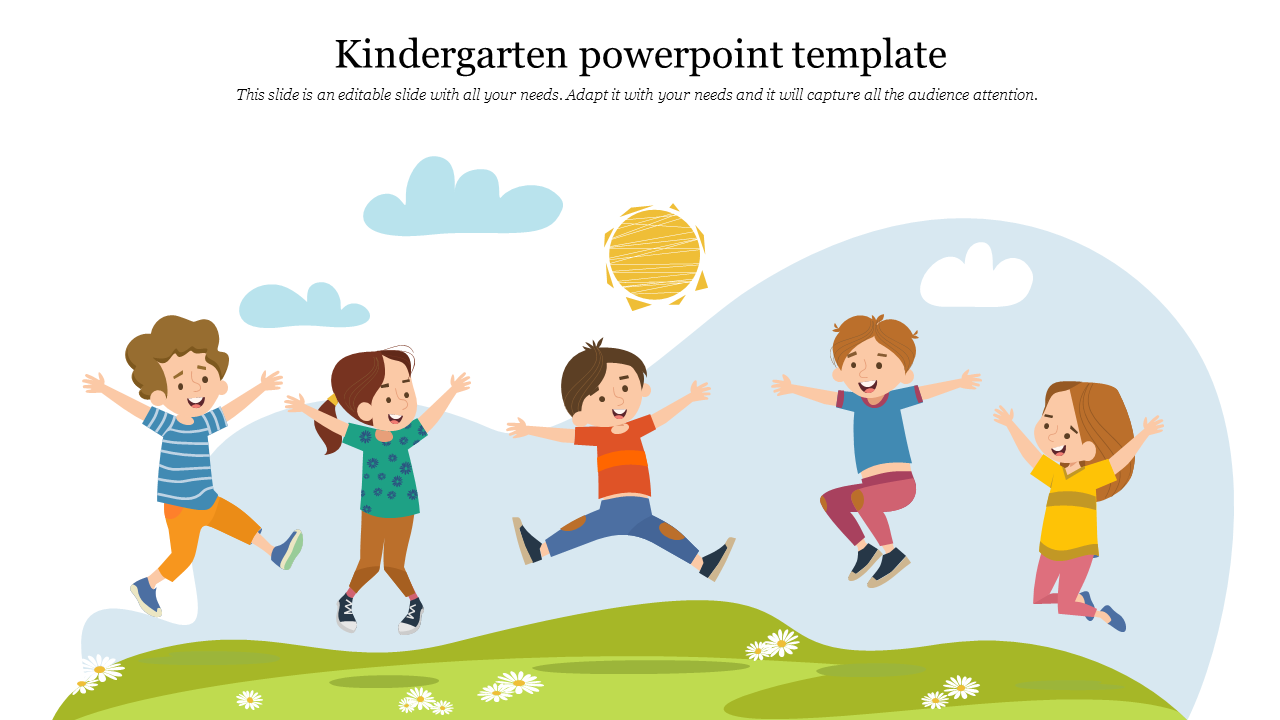 Kindergarten template featuring children joyfully playing outdoors with a bright sun and clear skies.