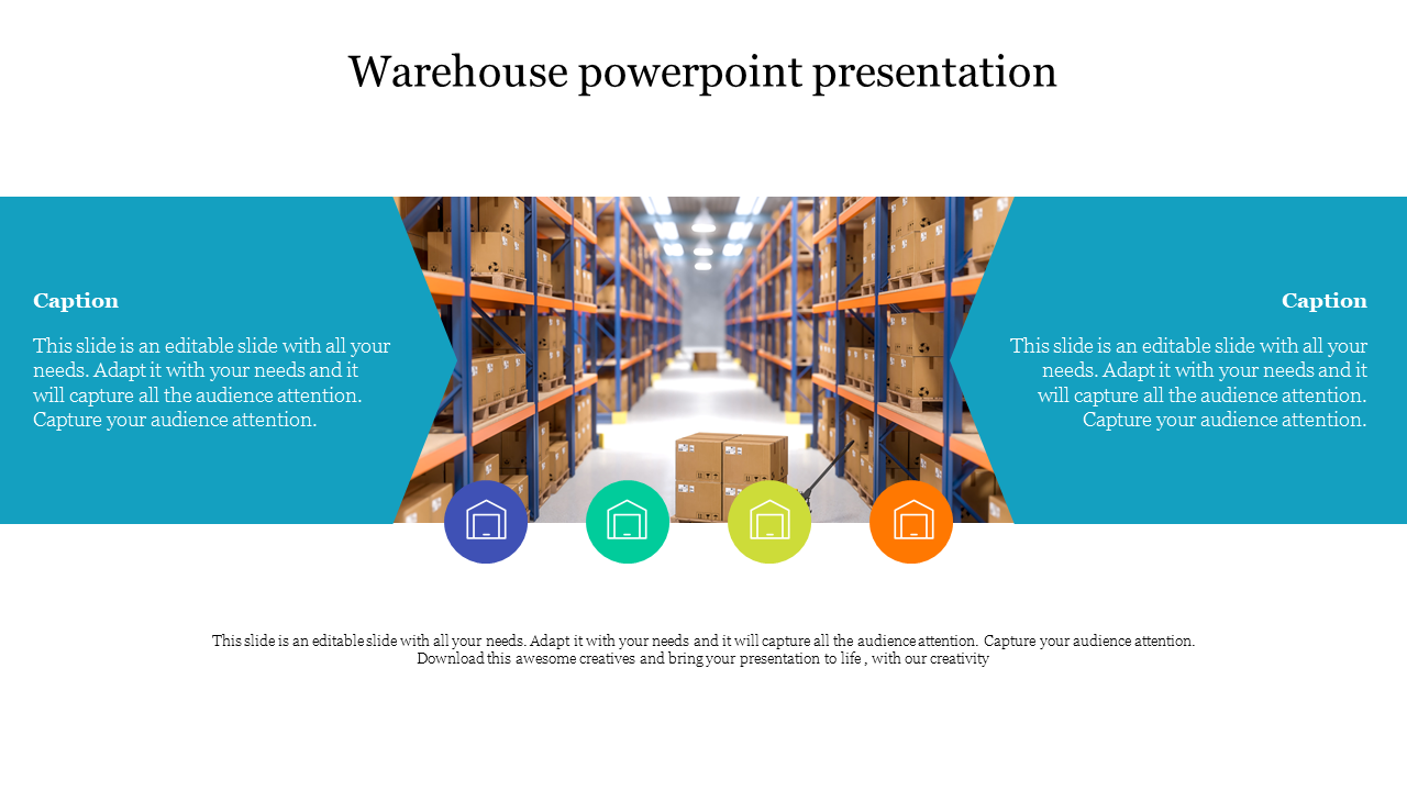 Warehouse image with stacked brown boxes on orange and blue shelves with four icons, flanked by teal text areas.