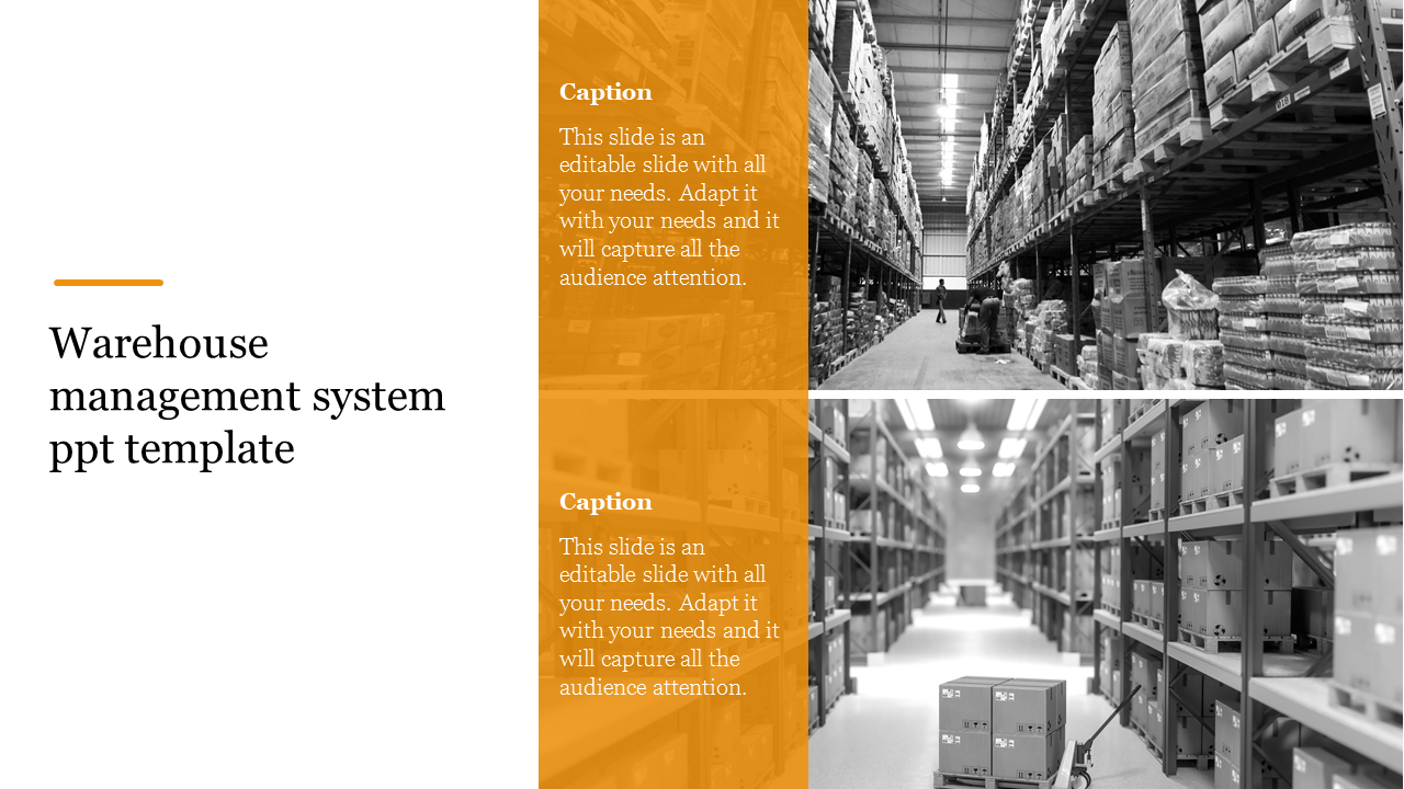 Slide for warehouse management, featuring two black and white images of storage areas with captions.