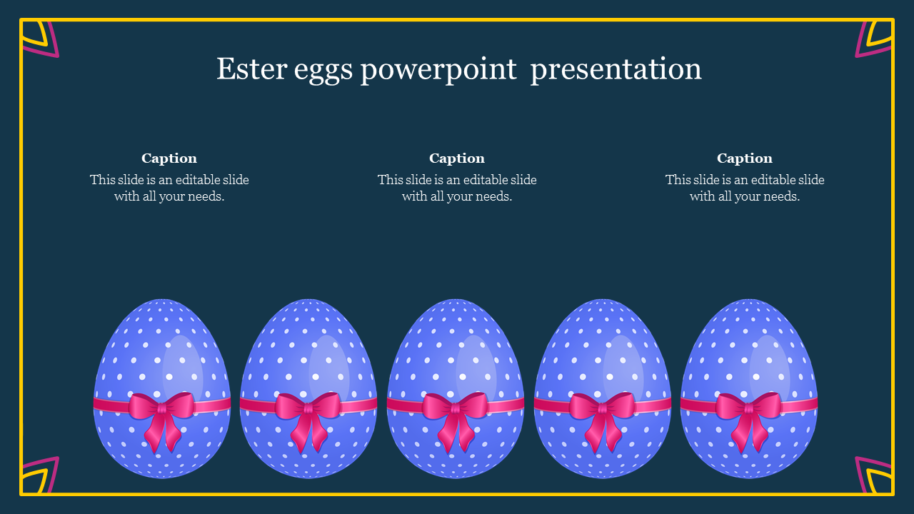 Row of blue easter eggs with polka dots and bows, presented under placeholder text areas.