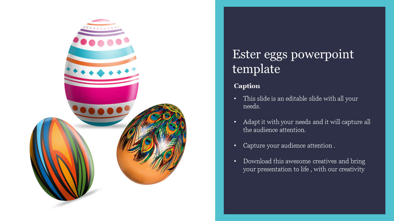 Infographic featuring three colorful Easter eggs with unique patterns, accompanied by a placeholder text box on the right.