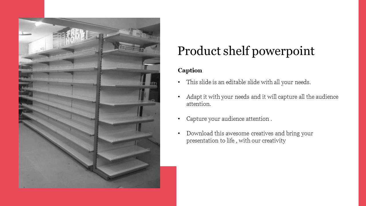 Monochrome image of an empty product shelf on the left and text details, with red accents.