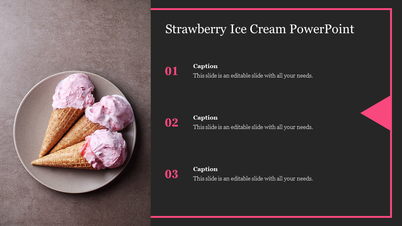 Three strawberry ice cream cones on a beige plate, with three numbered captions on a black background with pink accents.