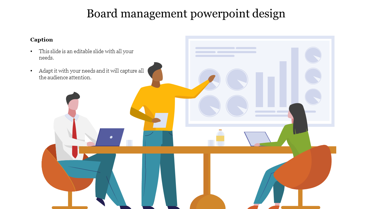 Board meeting illustration with three people at a table, a presentation screen with charts, and laptops for discussion.