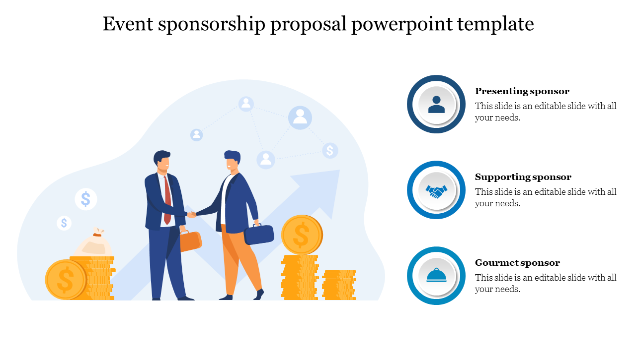 Proposal slide for event sponsorship featuring business agreement illustration and sponsor role options with caption areas.