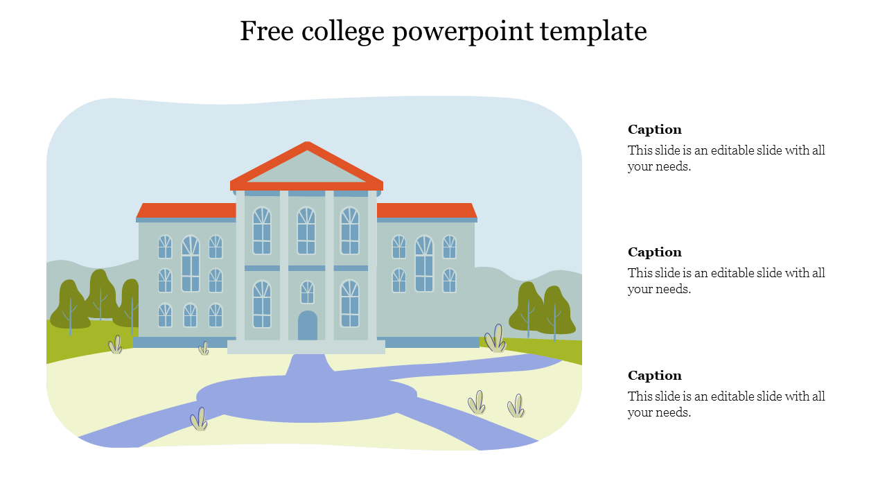 College slide with a classical university building and trees in the background with text captions.