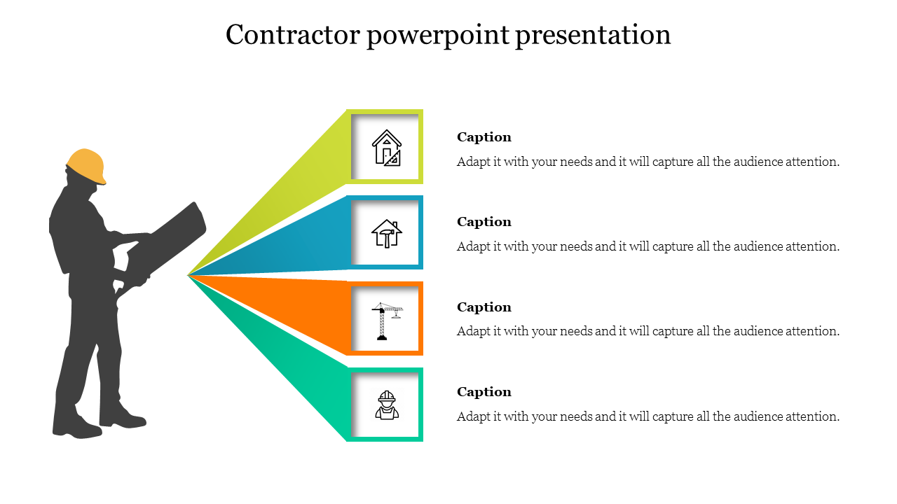 Slide featuring a silhouette of a contractor with construction icons, emphasizing various services offered with captions.