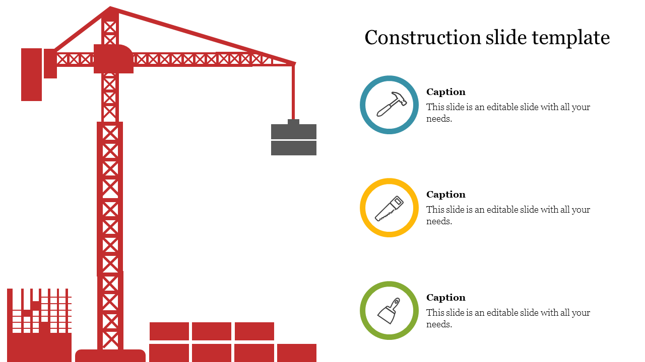 Construction PowerPoint slide with a crane and tools like a hammer and saw with color coded icons and captions with text.