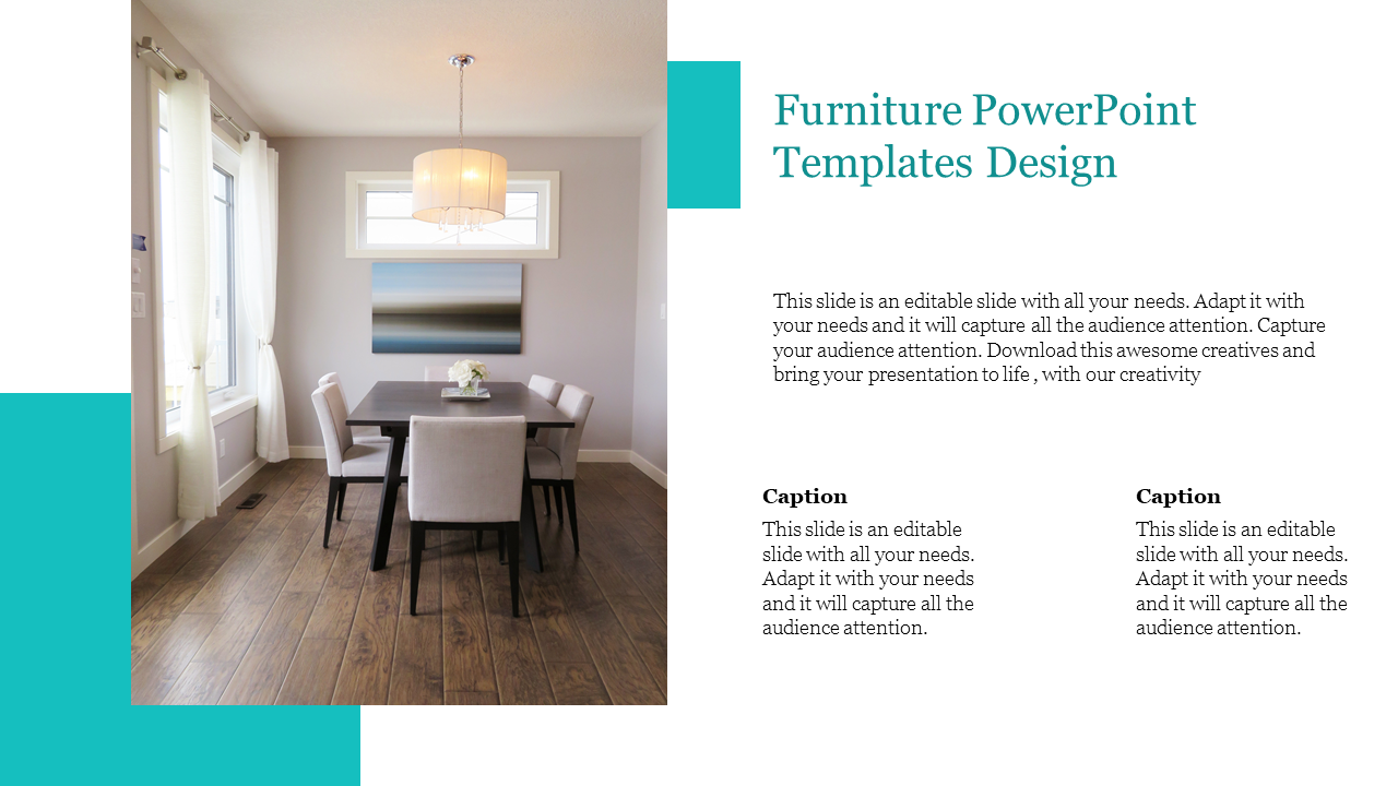 Furniture-themed slide with a dining room photo and three caption boxes on a white background.