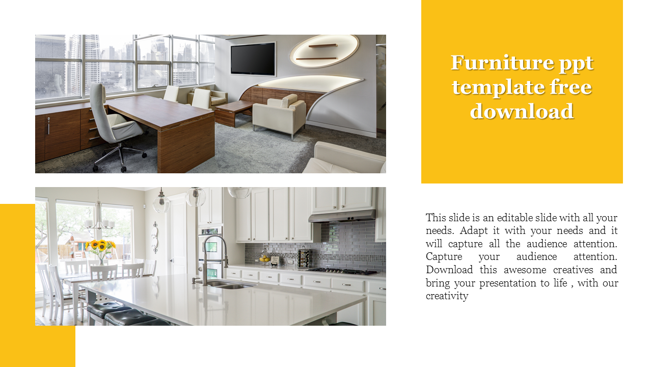 Slide featuring a furniture themed template with images of a stylish office and a modern kitchen, accompanied by text areas.