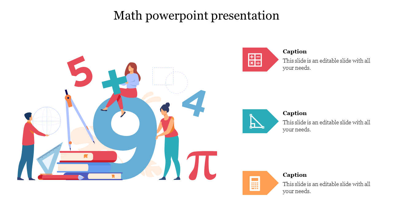 Math themed slide with colorful numbers, shapes, and people interacting, featuring red, blue, and yellow icons on the right.