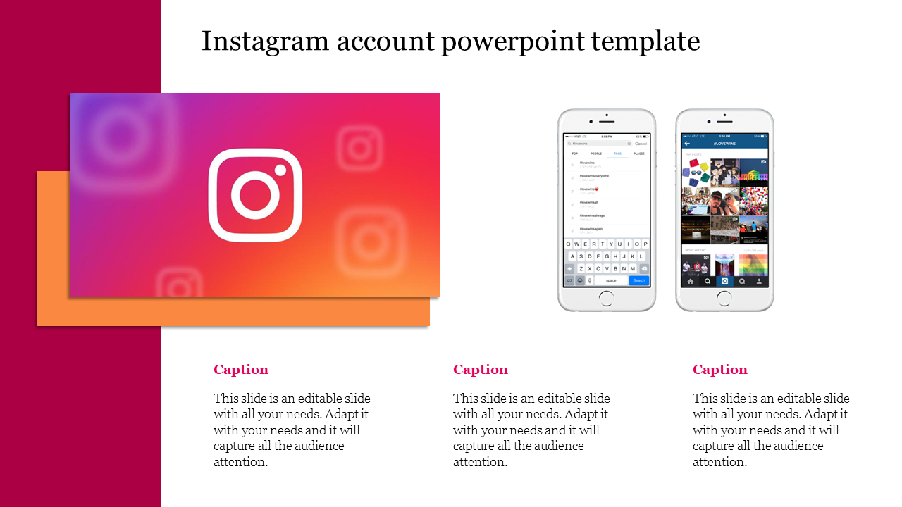 Instagram account template with an Instagram logo and two iPhone mockups illustrating search and feed features.