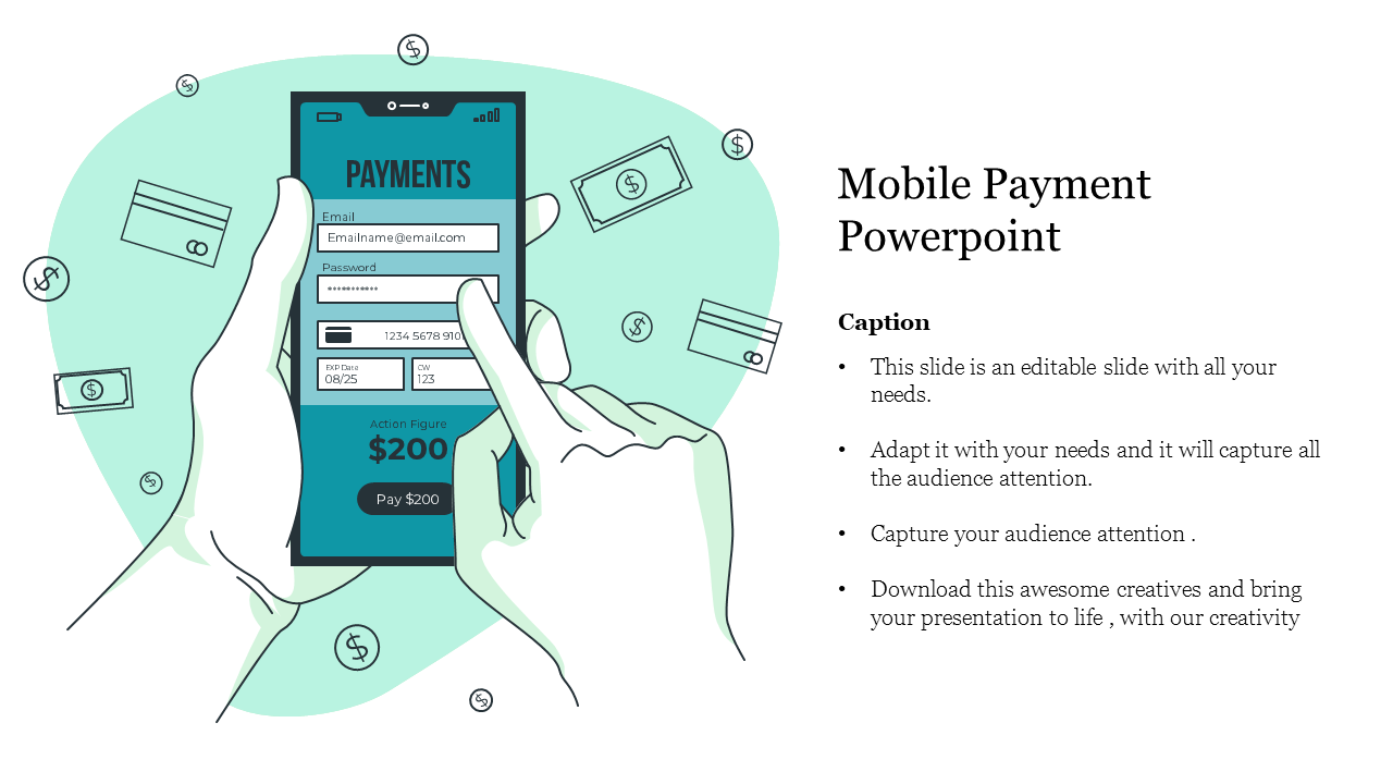 Illustration of a hand holding a smartphone showing a payment screen, surrounded by dollar icons and floating money symbols.