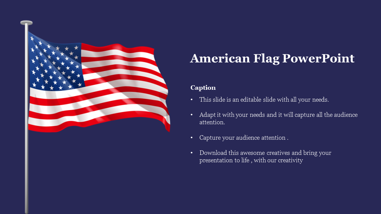 Slide featuring the waving American flag on a dark blue background with space for caption text.