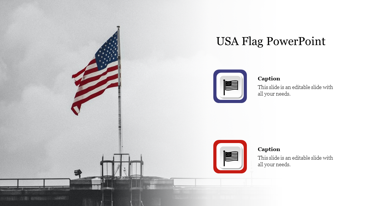 Slide design showcasing the American flag against a dramatic backdrop and caption areas.